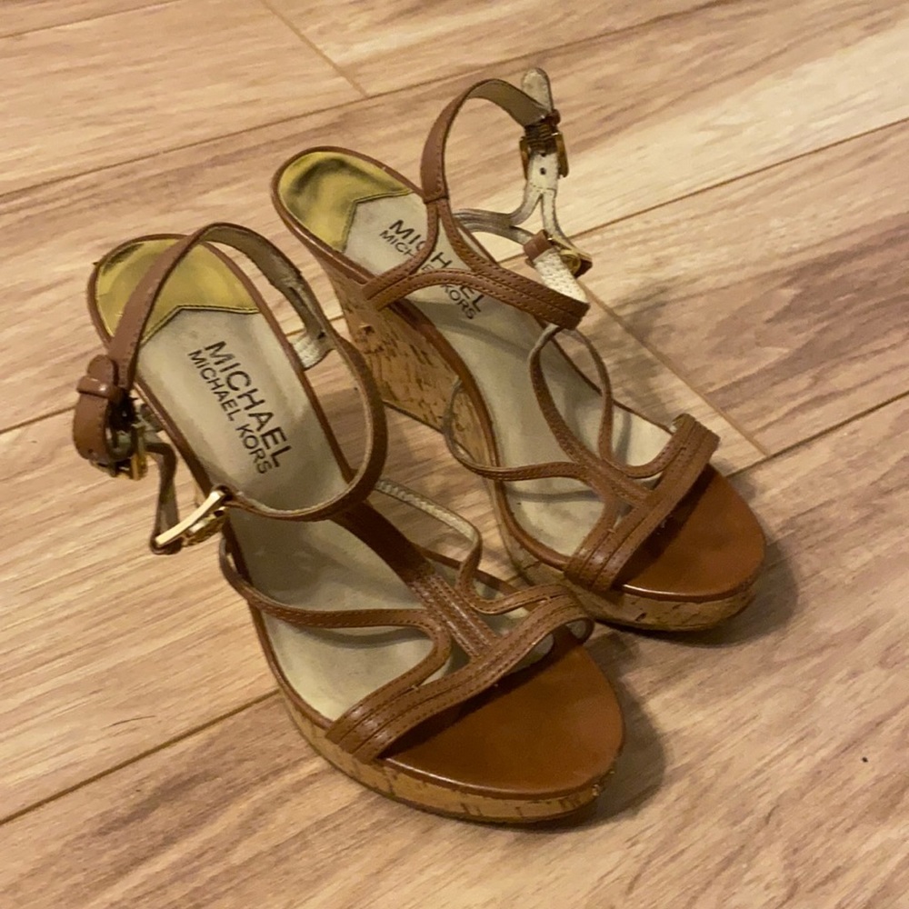Michael kors brown heeled wedges with straps